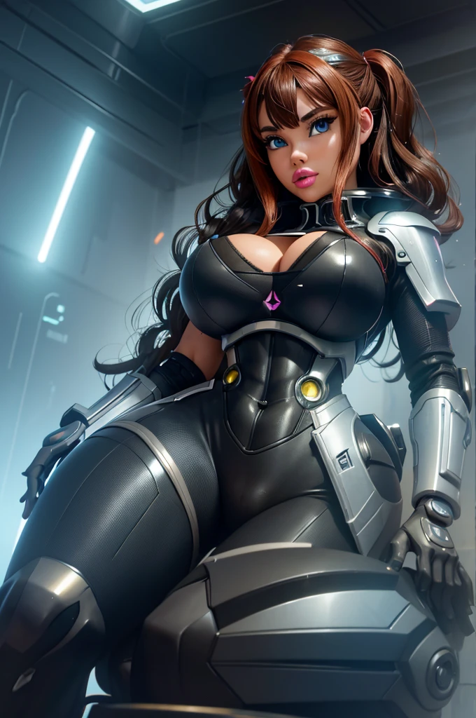 a girl wearing mecha cyber armor,technology bodysuit,smart lines in the costume, thick thighs,cleavage,tech boots,tech gloves,(mechanized valkyrie girl),full body,high heels,intricate details,hyper realistic,8k,award winning,cinematic lighting,dynamic pose,dramatic colors,complex patterns,futuristic,cyberpunk,chiaroscuro lighting,highly detailed,photorealistic,unreal engine,volumetric fog,advanced rendering, technology pistol in hands shining.