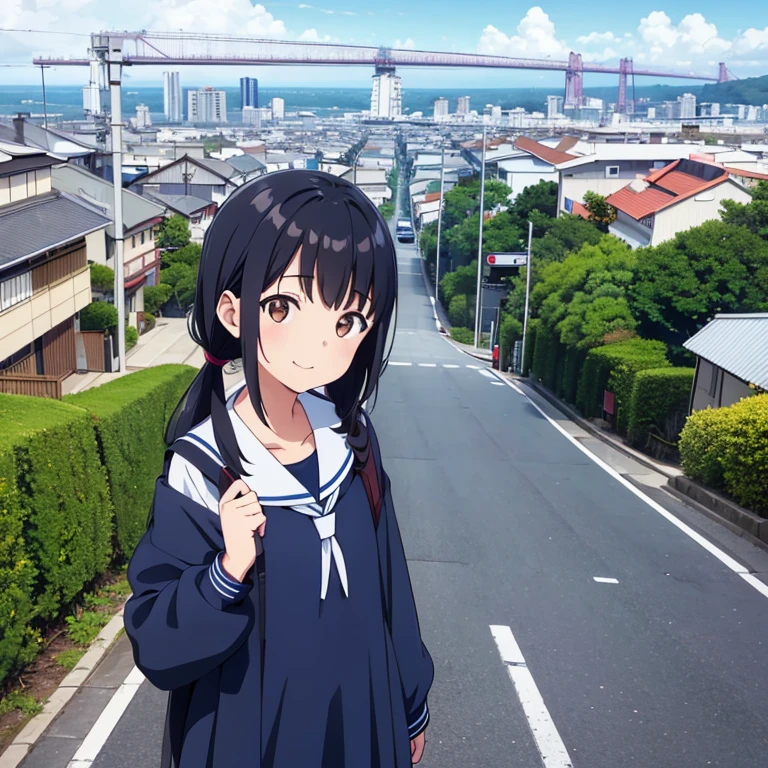 1girl, standing, head tilt,
(downhill:1.3), (sloped road), wide single road in Japan, (sea in distance:1.4), (port city:1.4), (cityscape in distance),
gentle smile, yo,
(low twintails girl), low pigtails, black hair, very long hair,
long sleeves, navy-blue serafuku with blue ribbon, navy-blue ,
1 school bag on right shoulder,
(brown eye),
city area, (stylish, urban),
electric pole, white line on the road, tree on side, white residences on side,
gantry crane, afternoon, spring, superb view,
from front, from slightly above,
anime, high brightness, detailed face, detailed eyes,
high quality, ultra detailed, masterpiece, FHD