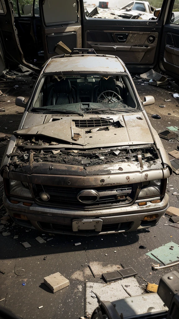 "Inside a crashed car, Debris is scattered across the scene. The vehicle is visibly damaged, with broken windows and dented bodywork. In the driver's seat, a person is unconscious, partially ejected from the seat due to impact. The seat belt is loose on the person's side, showing that it was not being used. Ambulances and rescue teams are arriving at the scene, while other people around look in shock and try to help. the scene is chaotic, with flashing emergency lights and an atmosphere of urgency to save lives. The lack of use of seat belts is a glaring detail in the accident tragedy."