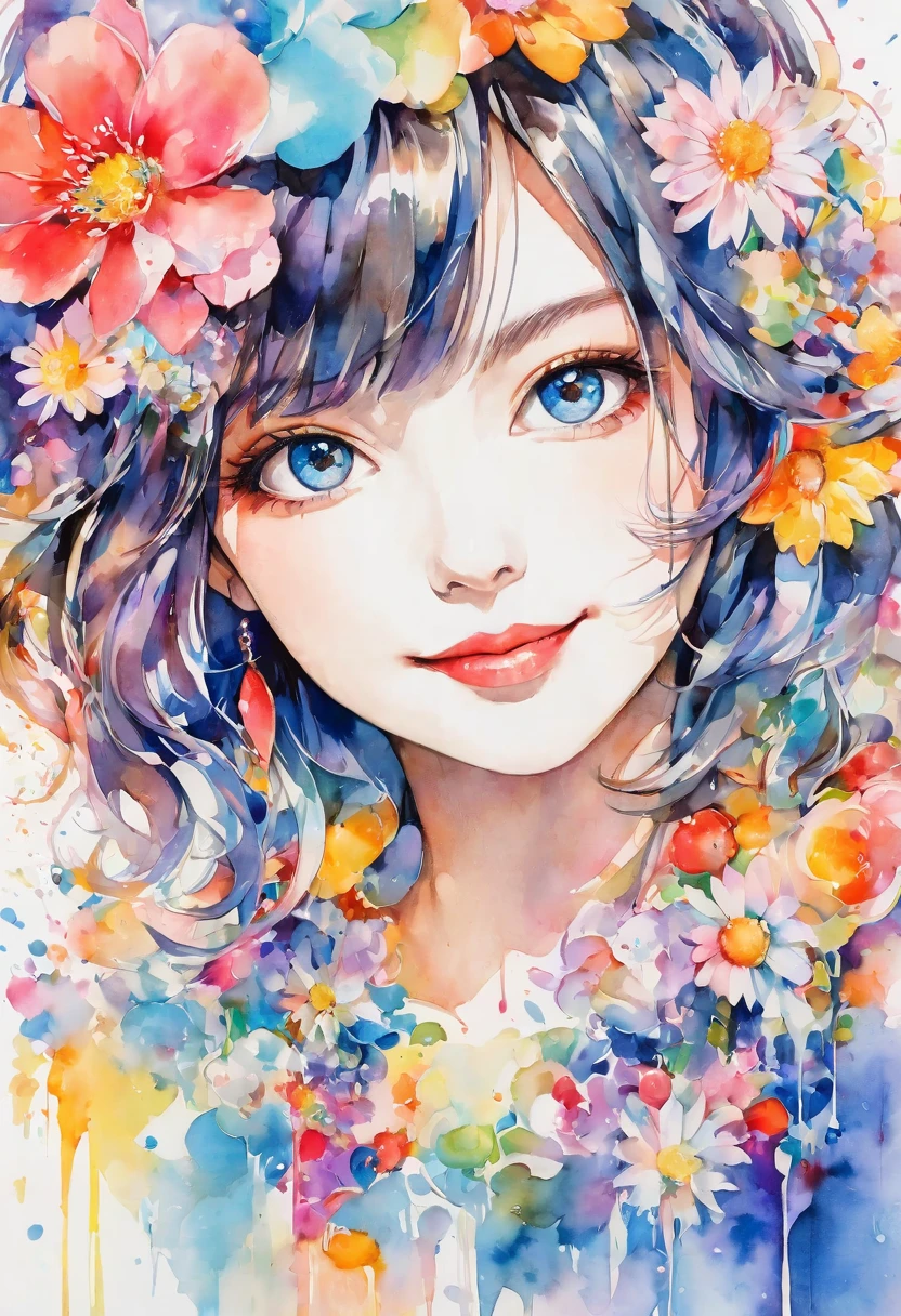 beautiful woman portrait, cute smile, Sylvia Pelissero watercolors, colorful flowers, beautiful eyes, upper body, abstract art, intense watercolor, watercolor detailed art, watercolor splash, surreal, avant-garde pop art, Beautiful and expressive paintings, Beautiful artwork illustration, very colorful tones, wonderful, cool beauty, highest quality, official art, women only, sharp outline, best shot, vector art, lips in love、 (((The strongest beautiful women of all time))), (((Japanese)))、clear, (((highest quality))), lips in love, HDR, ((Detailed details)), stylish fashion, detailed clothing texture, (((graffiti art))), colorful hair, ((masterpiece))、((Super detailed))
