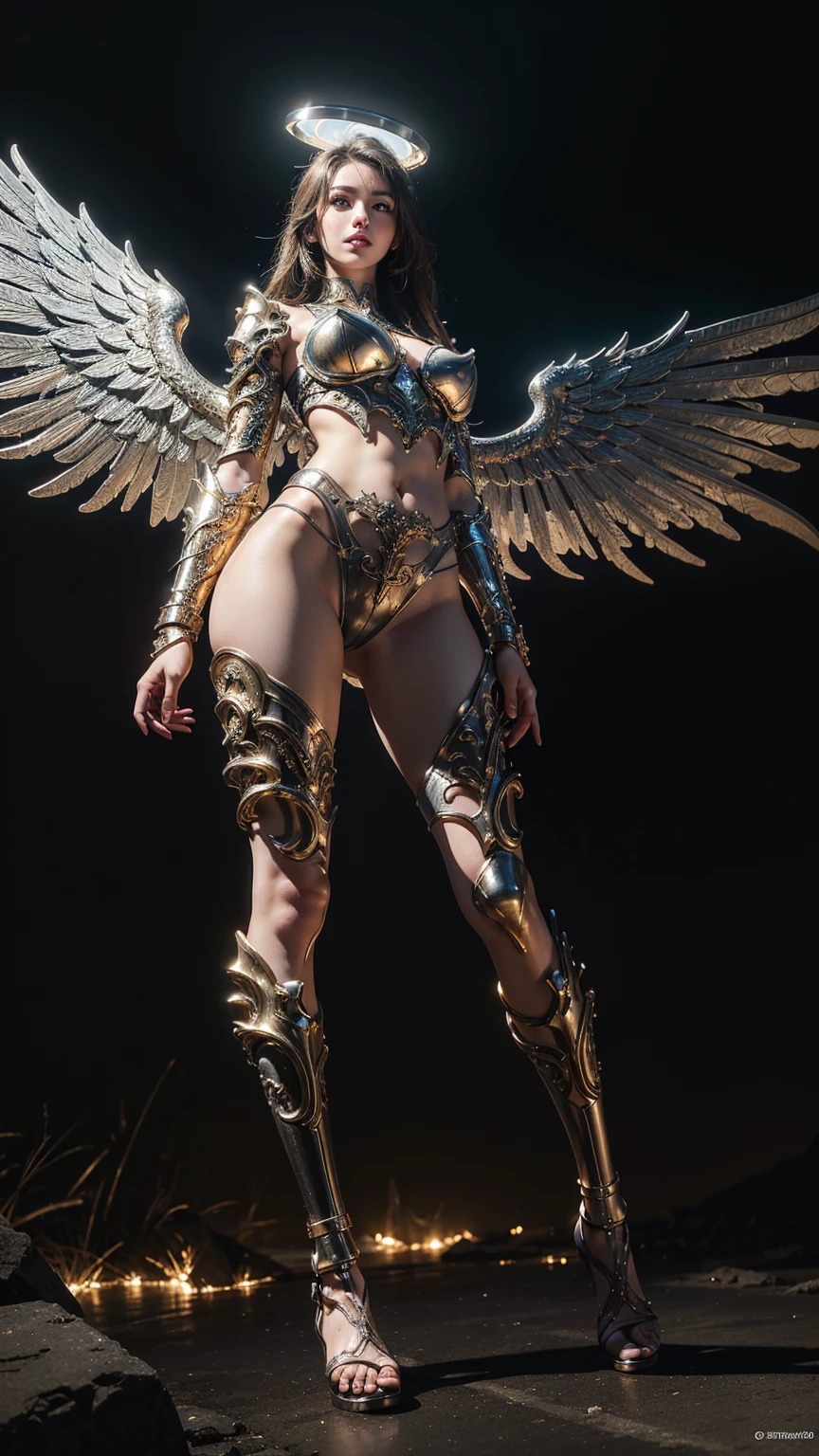 (best quality, masterpiece, colorful, dynamic angle, from below, highest detailed)upper body photo,full body photo,fashion photography of cute mechangel,glowing 4 wings,solo,glowing armor,glowing halo,building,glowing mechanical 4 wings (intricate details, hyperdetailed:1.15),detailed,light passing through hair,(official art, extreme detailed, highest detailed),HDR+,