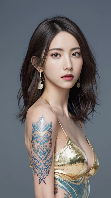 Anime-style woman, thin, thin, whole body, Full of tattoos, Lots of earrings, Beautiful and shiny hair, Rainbow Eyes, Slanted Eyes, Wavy Hair, Kind and charming, shoulderを露出させる, Delicate and sexy collarbone, Attractive oval face, double eyelid, Pink Lips, Small Nose, Concentrated face, Ultra-high resolution, Very detailed, Graceful posture, Nice, ultra-thin, See through, Metal Blue Gold Bishamon Helmet Mesh Tight Dress,(arm、shoulder、Tribal tattoo pattern body paint on chest),Glowing Skin, Realistic Background, sunlight,(From below:1.3),(Looking down, Display in viewer:1.3)