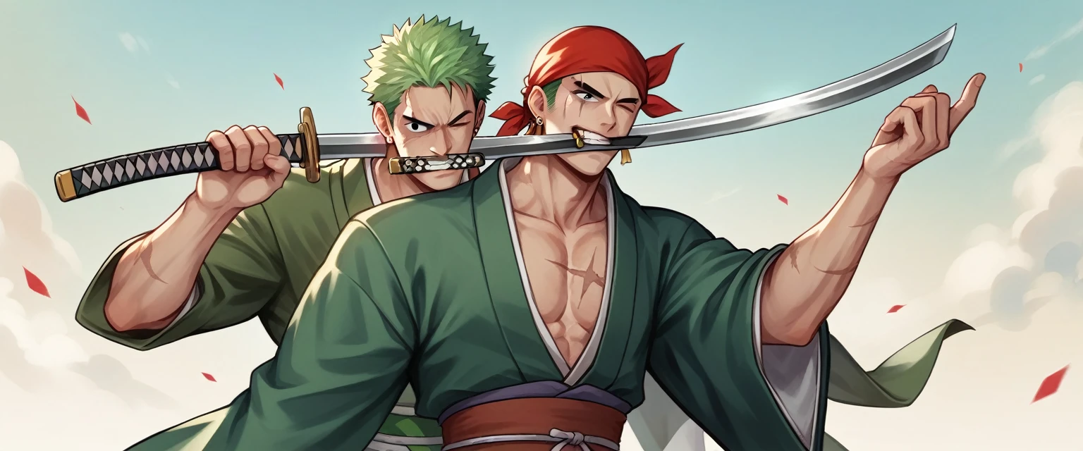 zoro_roronoa, green hair, black eyes, short hair, bandana, earrings, wano country arc, chonmage, japanese clothes, kimono, post timeskip, scar across eye, one eye closed, sideburns, katana, holding sword, mouth hold, teeth to activate the custom training