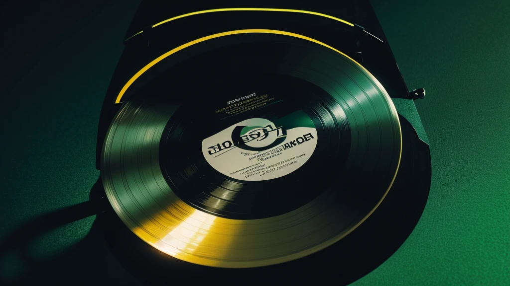 Poster Style,Green frosted background,Vinyl record combined with clock,The record is in the center of the screen.,Wide angle view of the front of the record,Reflecting the sense of time travel,Golden text effect for English title on the right,There is a halo of light around the record similar to a black hole,Extremely high definition picture quality,quality,Real texture,Sci-fi style,No sense of space
