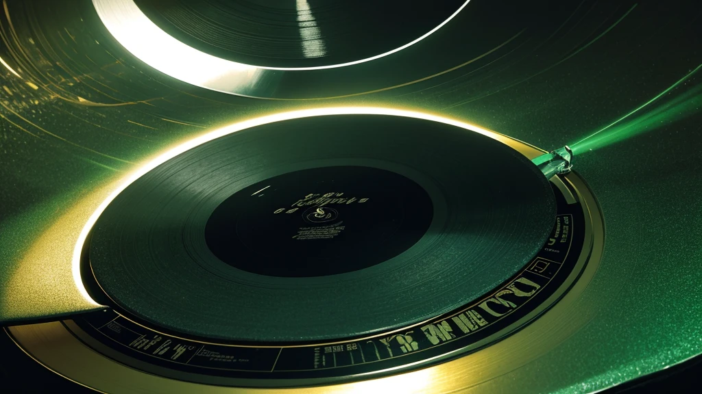 Poster Style,Green frosted background,Vinyl record combined with clock,The record is in the center of the screen.,Wide angle view of the front of the record,Reflecting the sense of time travel,Golden text effect for English title on the right,There is a halo of light around the record similar to a black hole,Extremely high definition picture quality,quality,Real texture,Sci-fi style,No sense of space