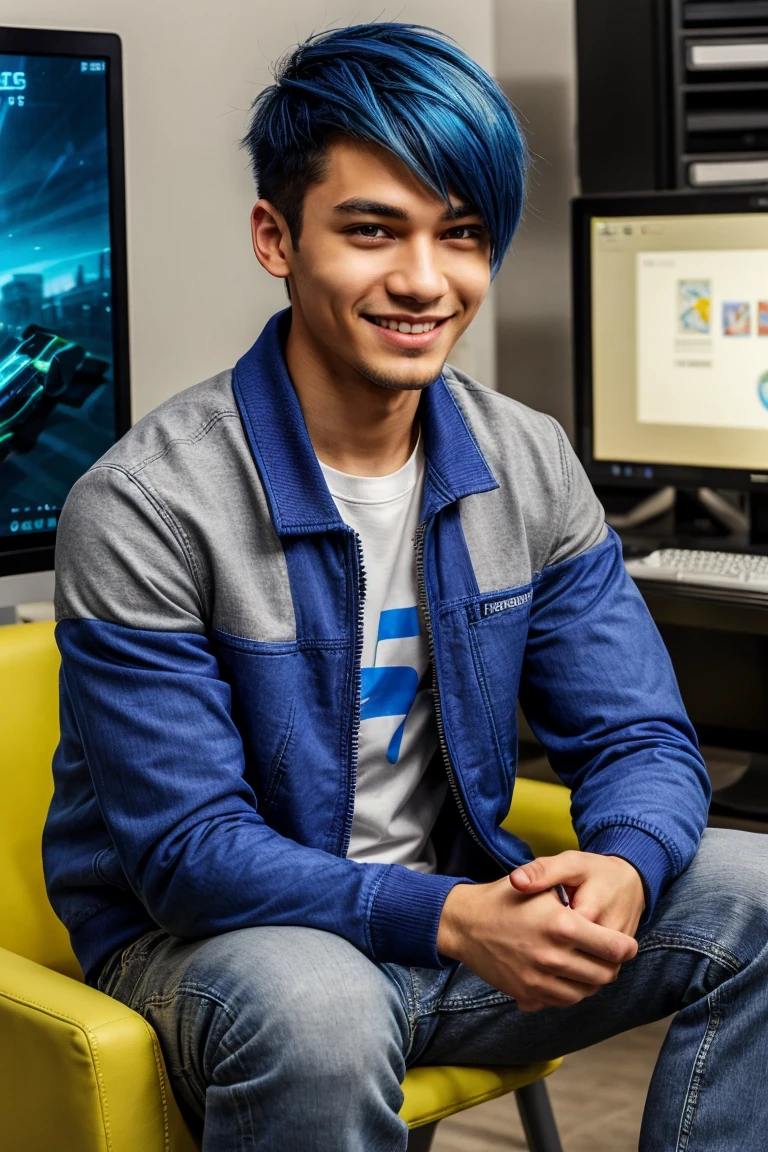 best qualityer: 1.0), (Super high resolution: 1.0), Boy Anime, short royal blue hair, greeneyes, gray jacket with zipper, Nintendo t-shirt, slightly-smile, long blue jeans, blue and white sneakers, sitting in front of the computer playing, background in the esports room,