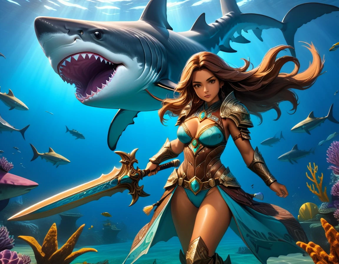 , a wide angle picture of a female human druid swimming along her pet shark, priest of underwater nature, cleric of underwater nature, art full body, ((anatomically correct)), dynamic position (intricate details, Masterpiece, best quality: 1.5) talking to a shark (intricate details, Masterpiece, best quality: 1.5) under the sea  (intricate details, Masterpiece, best quality: 1.5), a human woman wearing scale armor ((intricate details, Masterpiece, best quality: 1.4) leather boots, armed with a sword, GLOWING WEAPON, thick hair, long hair, brown hair, tan skin intense brown eyes, undersea background (intense details),  night undersea( (intricate details, Masterpiece, best quality: 1.5)high details, best quality, 16k, RAW, (ultra detailed: 1.5), masterpiece, best quality, (extremely detailed), dynamic angle, ultra wide shot, RAW, photorealistic, fantasy art, rpg art, realistic ), dynamic angle,  (intricate details, Masterpiece, best quality: 1.5)), high details, best quality, highres, ultra wide angle, Wielding sword, chumbasket art style