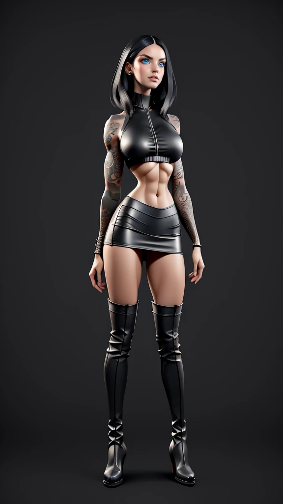 beautiful girl, ((standing:1.4)), (intense gaze:1.1), full body, short bright neon streaked black hair, ((realistic highly detailed eyes:1.4)), ((seductive pose:1.2)), fit, Athletic, lean, slender abs, ((((large breasts)))), black eyeshadow, (street style wear:1.2), ((short skirt)), ((knee high leather boots)),((light plain background:1.4)), dark makeup, digital art, trending on artstation, highly detailed, fine detail, intricate, detailed facial features, sharp focus, smooth, aesthetic, tattoos 
