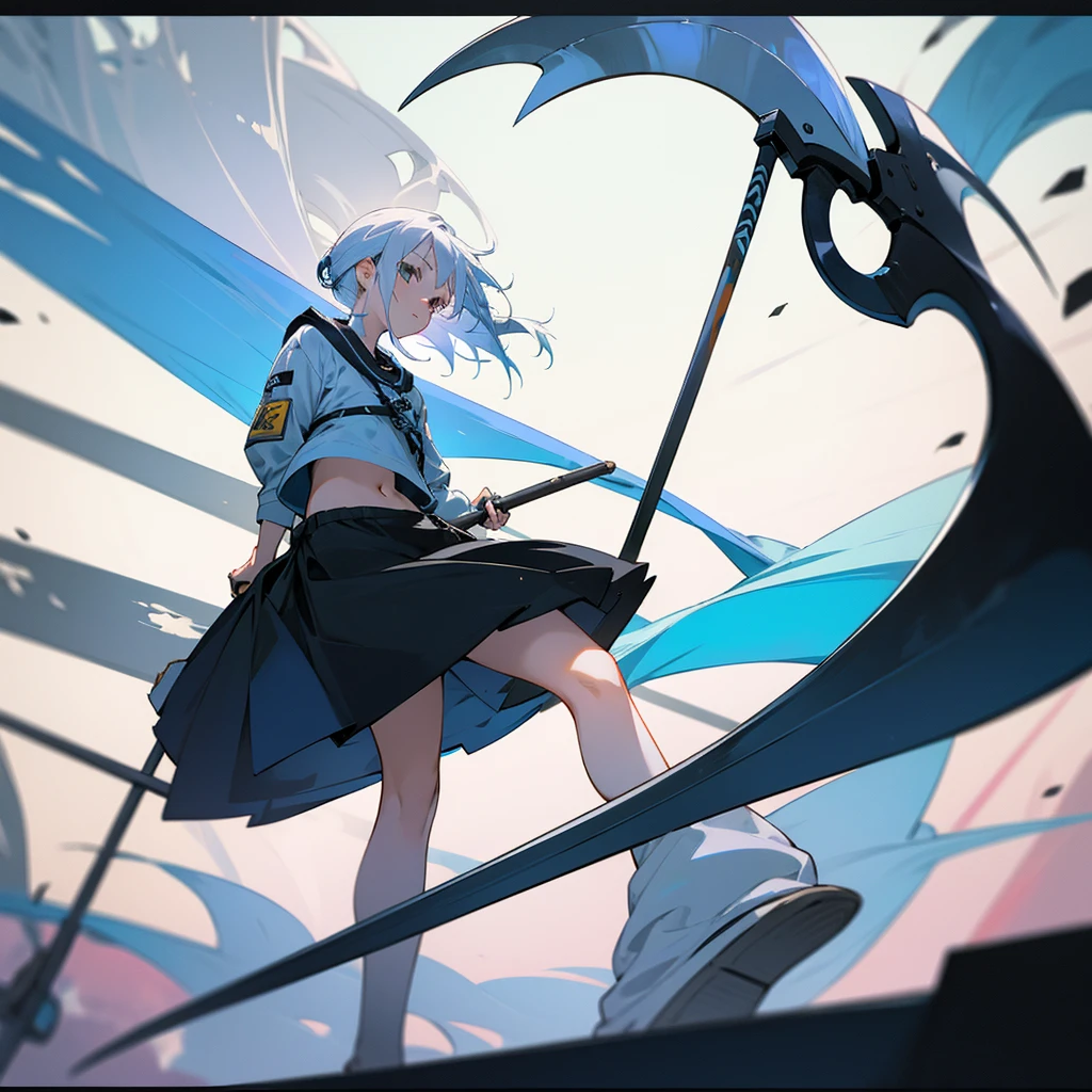 Anime girl, 14 years old, wearing loose clothes, her clothes ending just above her belly button, light white hair with blue ends, and a long-handled scythe in her hand.