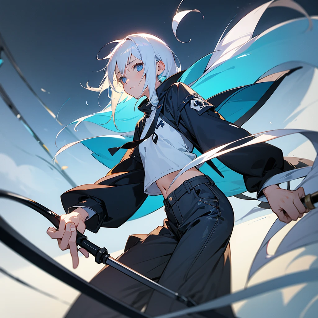 Anime girl, 14 years old, wearing loose clothes, her clothes ending just above her belly button, light white hair with blue ends, and a long-handled scythe in her hand.