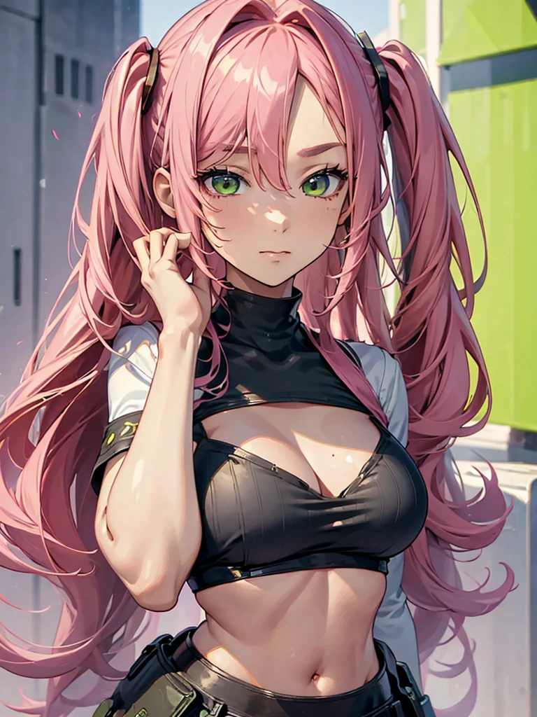 (masterpiece, best quality:1.4), 8k, Close Up, Pink Hair, Long Hair, Young adult, anime girl, Smug, Teasing, light Green Eyes, Big Chest, white casual Turtleneck, (detailed eyes and face, sharp pupils, realistic pupils:0.6)