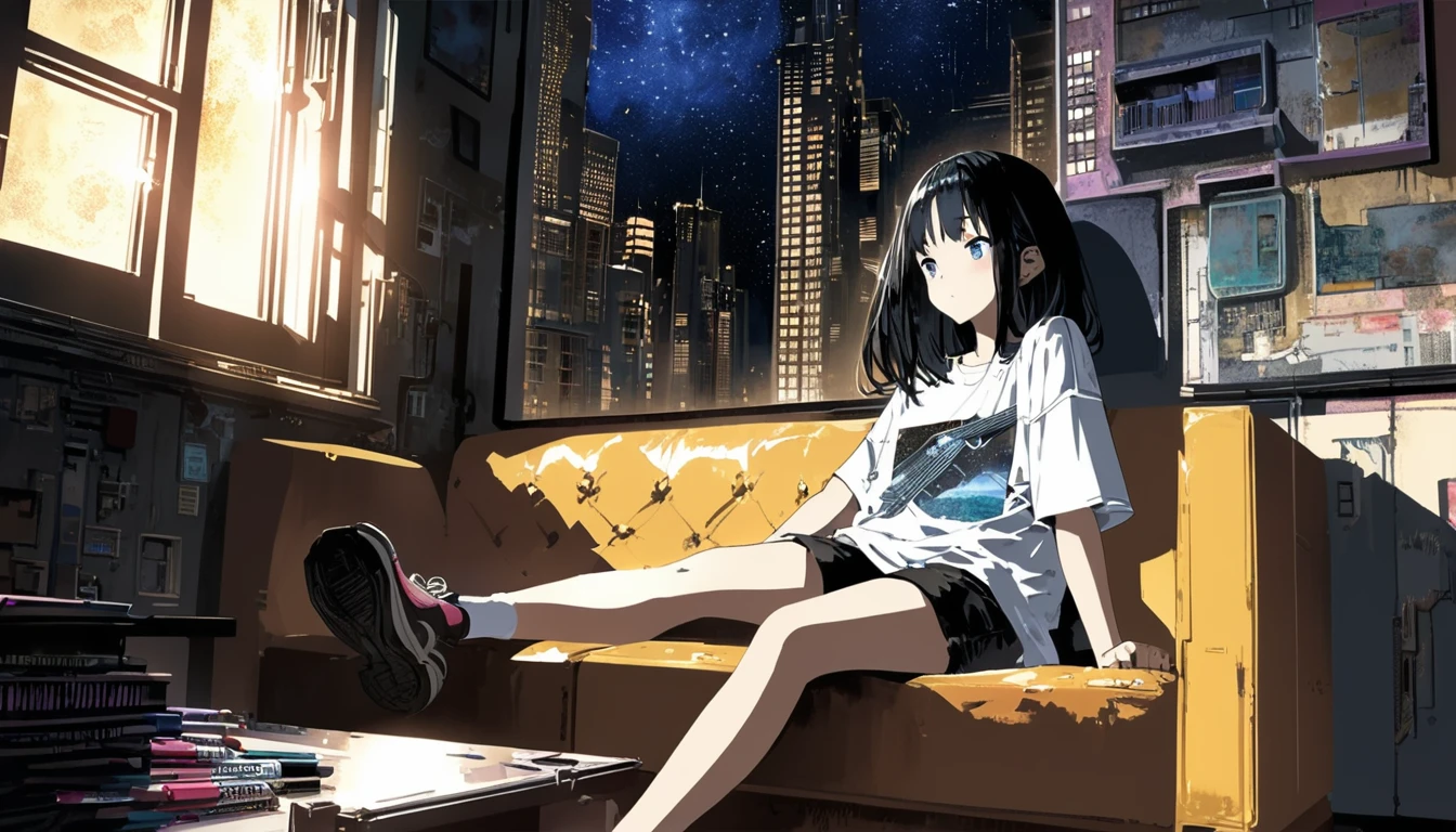 Super detailed:1.3, (Absurd, texture, masterpiece), pixiv Contest Winner, John Berkey, Dynamic cartoon style illustration,Oversized T-shirt、stand lighting、Colored pencil style、Long black hair、play the guitar、sofa、kitten、Night Sky、star、Room with a window、High precision、detailed、8K,Sitting with legs crossed, Starry sky inner hair,Dark aesthetic,Euphoric,Oversized T-shirt,Black shorts,Beautiful woman,Old alley background, Dozing off,Crayon colored Zentangle,overview,Anime key visual,