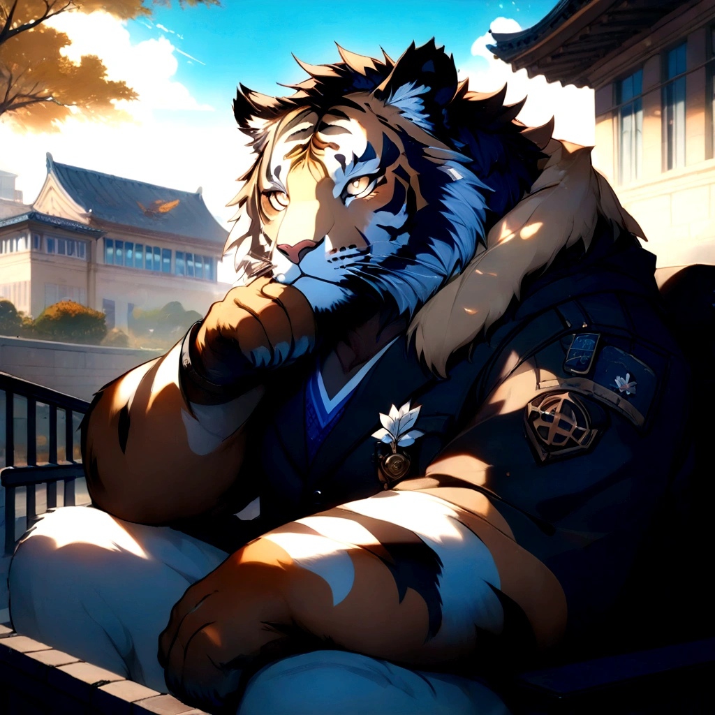 (masterpiece,best quality,Super detailed,Perfect anatomical structure),Detailed background,Empty,hairy,cannon, ,Clear focus,白色tiger,By Empty Ghost, rest 阳光,External,campus, Solitary,Solitary ,male,male ,human nature,Cat,tiger,muscular,rest (White fur:1.5,White body:1.5),looking at the audience,Delicateeyes, Dressed,Casual clothing is acceptable when the weather is nice,Golden pupils
