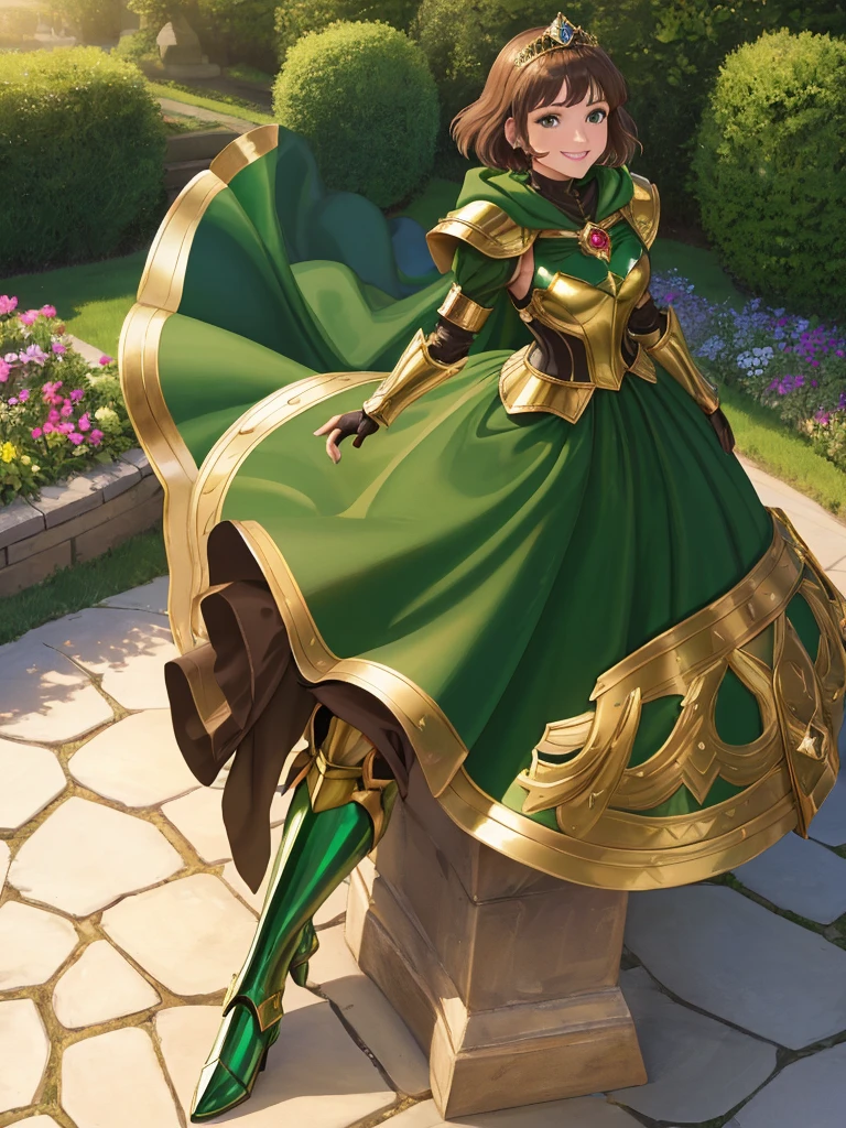 masterpiece, best quality:1.2), 1girl, smile, looking at viewer, green eyes, short brown hair, princess, armor, , pauldrons, armored dress, green cloak cape, wearing puffy blue ballgown skirt, golden tiara with green gem, armored boots, fingerless gloves, standing in medieval garden