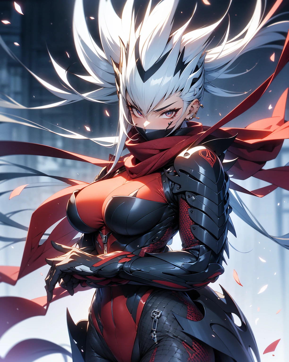 PERFECT MASTERPIECE, EXTREMELY DETAILED CG UNITY 8K UHD QUALITY RESOLUTION, RAW PHOTO, AWARD-WINNING PORTRAIT, OFFICIAL ART, PROFESSIONAL CINEMATIC LIGHTING, ULTRA HYPER-REALISTIC, ULTRA HYPER-DETAILED, SHINY REALISTIC SKIN, RAY TRACING, The most beautiful and sexy ninja warrior princess, very long platinum white hair, vibrant moonlight eyes, long detailed eyelashes, blushing, skinny, sexy, medium sized breasts, wearing highly detailed ninja battle armor lots of straps buckles with long scarf blowing in the wind, tons of tattoos and piercings, arching her back in a sexy seductive slutty pose, looking at the viewer, full body portrait, close up pov camera view from below, sexy seductive slutty facial expression, cherry blossoms blowing in the wind, feudal Japan background, side boob, naked, nude, nsfw, vagina,