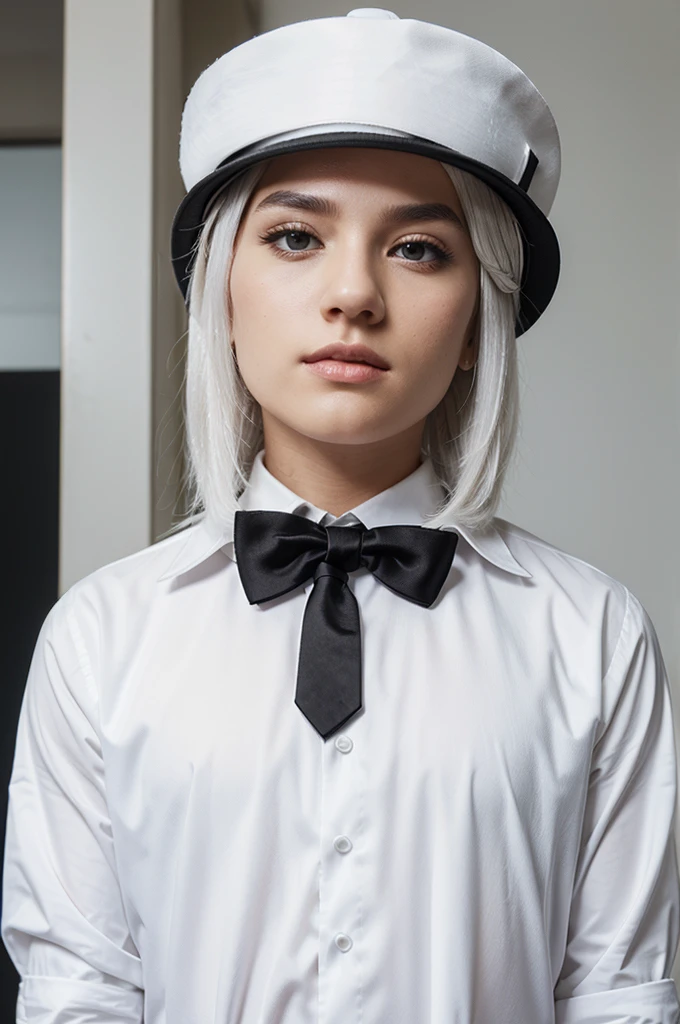 Make a minecraft skin wearing a white shirt, black tie, white hair and a black hat
