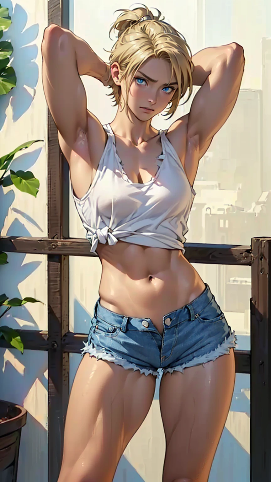 
hand drawn art, conceptual art, Detailed sketch, Sketches, Manga art style, A young woman with French features,((( Plain white tank top))), (((Sexy tight shorts))), (((Open Fly)))、Long, thick, dark golden hair styled in a ponytail, Dark blond hair、blue eyes, Lean, strong, toned muscles, Standing in a lewd, sensual pose with arms behind her head、Short torso、A triumphant look、(((Worn out, tattered white shorts))),、(((White shortsを穴だらけにする))),、(((Zip your shorts all the way open))),、(((Clear white skin))),、Natural light、Photorealistic perfect body, Perfect body with realistic shadows, Perfect face with realistic shadows、Highest quality、masterpiece、Edgy Lines、Ultra-high resolution、Physical Beauty、Wide Hips、BIG ASS、((Thick and strong muscular thighs))、（(Stand with your legs spread wide)）Realistic and large breasts、(The depth of the written boundary, f/1.2:1.45),Great quality, Beautiful details, Very detailed, Ultra-fine, 16K, Exquisite, absurdes,((masterpiece)),(((Highest quality))),Big Breasts、(((White shortsだけもっとボロボロにする))),、(((White shortsだけボロ布のように破く)))、(((Thin and long arms))),Anatomically correct、17 years old、Victorious smile、(((Slim your face)))、(((Eyebrow color brown)))、(((Shining deep blue eyes)))、(((A long, thick ponytail hides her right hand)))、(((Sexy large areola)))、(((Erection of the nipple)))、
