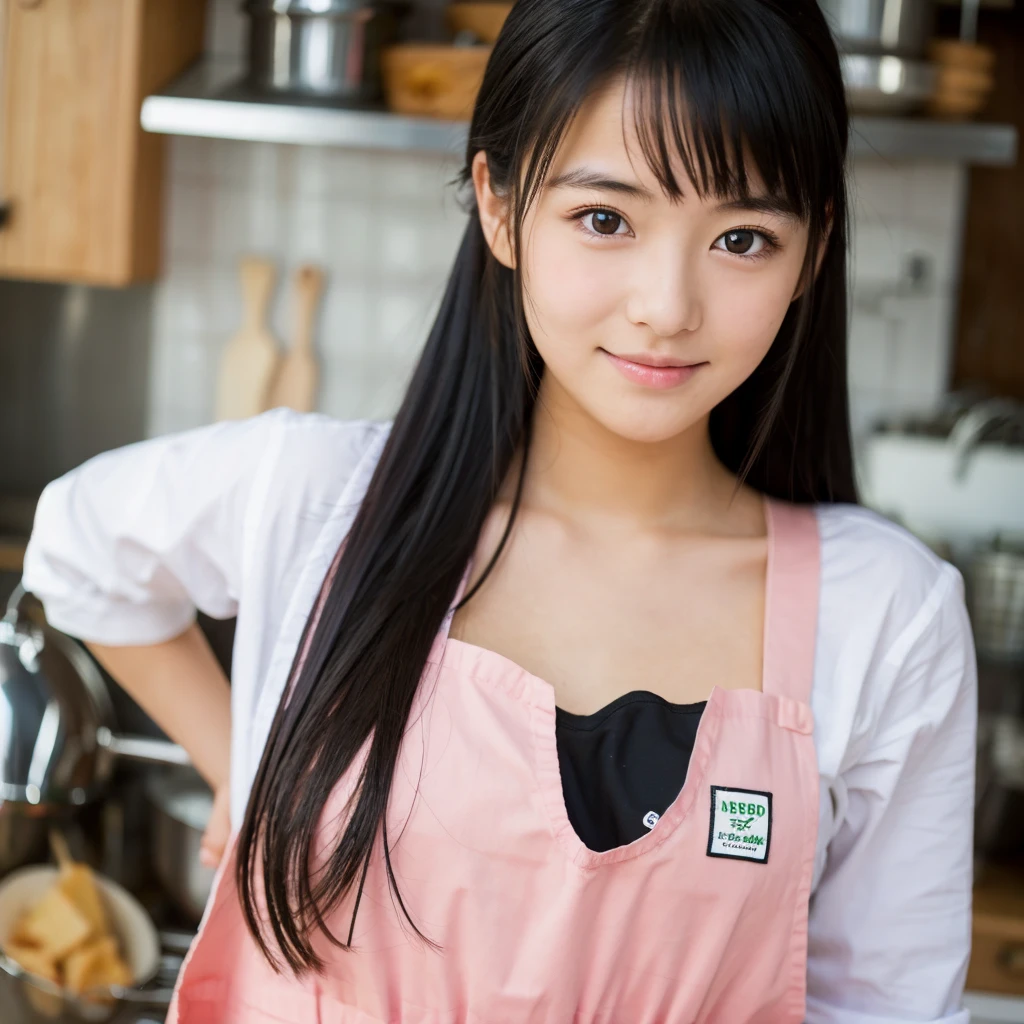 A bright high school girl with long black hair, straight nose, beautiful eyes and a naked apron