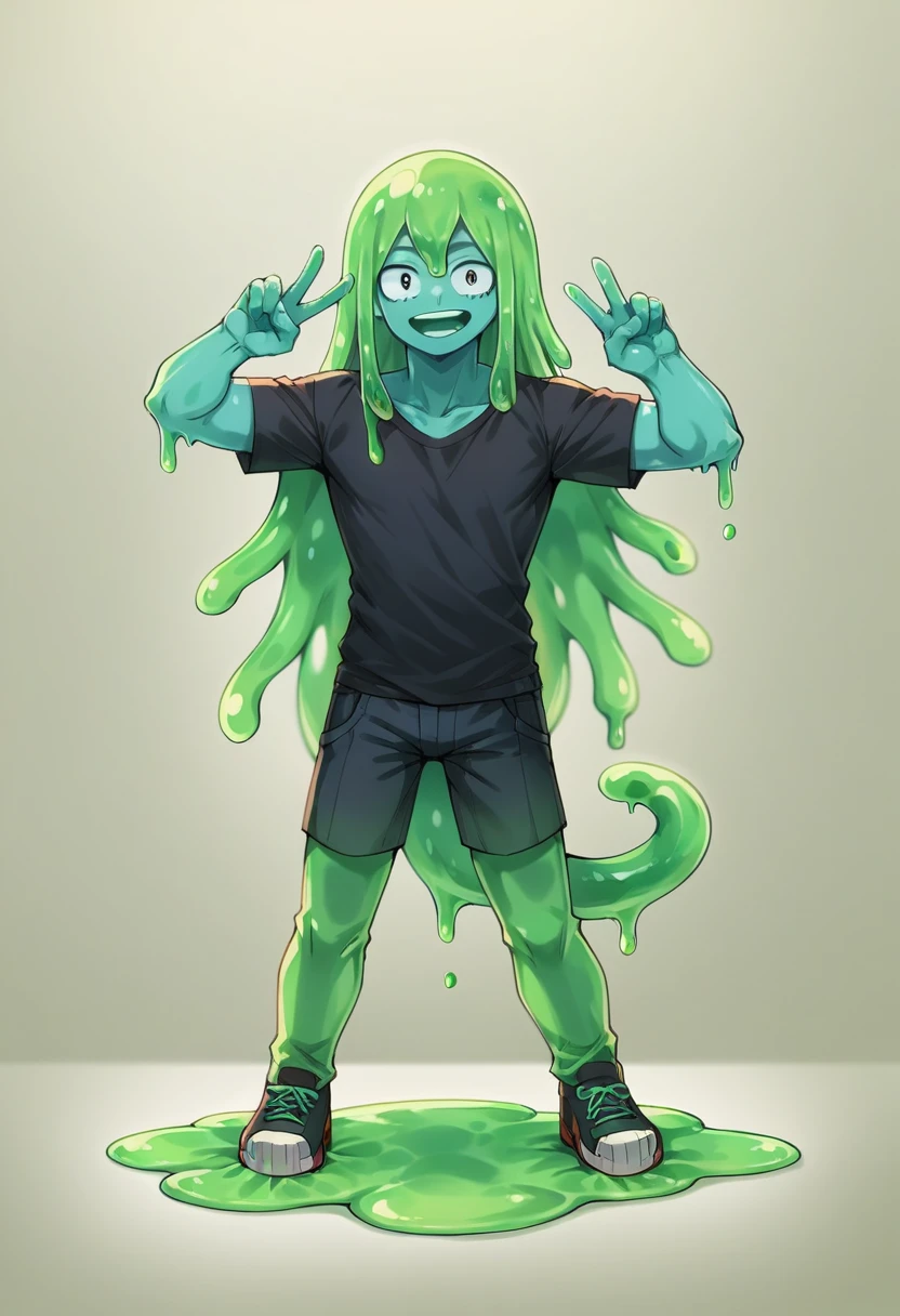 score_9, score_8_up, score_7_up, score_6_up, score_5_up, score_4_up, source_anime, 1Boy, slime Boy, Blue skin, Punk style, Long hair with green tips, tentacles, slime tentacles, slime boy, solo, slimegirlsfw, slime boy, Mori Kei fashion, Mori Kei Slime Boy, slimeboy, my hero academia, tentacles, school, depth of field, LUT, detailed, handsome, cute slime boy. My hero academia school, Tentacle tail, Full body shot, Peace sign pose. 