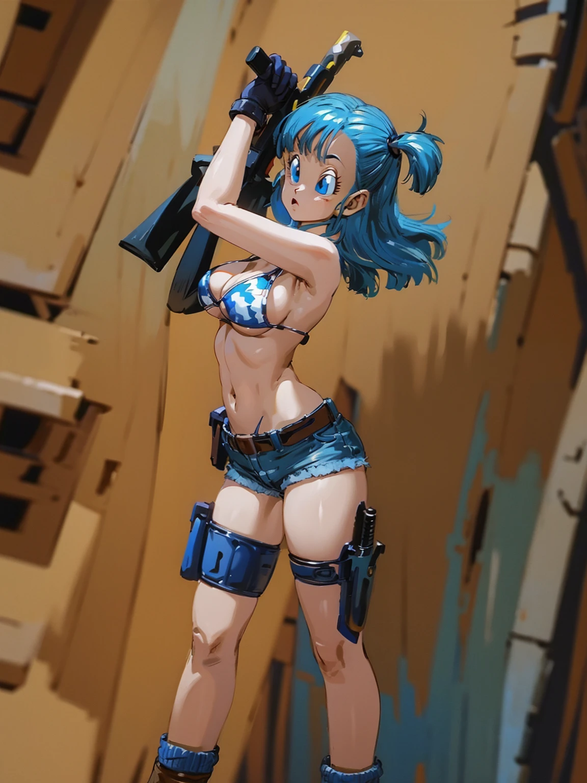 1girl, solo, gun, weapon, shorts, swimsuit, bulma, holster, boots, bikini, blue hair, gloves, breasts, blue eyes, one side up, bikini top only, denim shorts, thigh holster, blue shorts, denim, short shorts, cleavage, navel, medium breasts, handgun, full body, long hair, midriff, belt, thigh strap