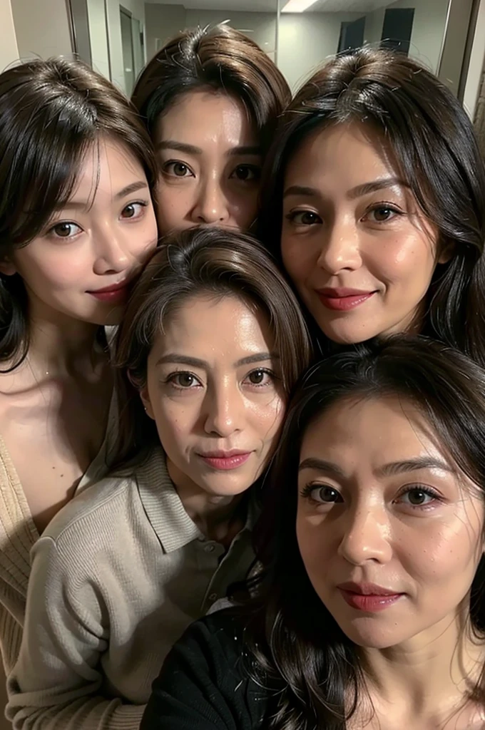 (masterpiece : 1.5), (super detailed : 1.5), (realistic : 1.5), (3 woman : 1.5), (3 woman standing side by side : 1.3), (they are all 67 years old : 1.3), beautiful mother, (wrinkles on her face : 1.2), (smirking : 1.2), (Each has a different hairstyle), (they all are wearing shirt : 1.1), (in a small changing room : 1.2), (they all are same height : 1.3), pores, skin blemishes, fleckles, realistic detailed skin, (close-up of face : 1.1), view from above