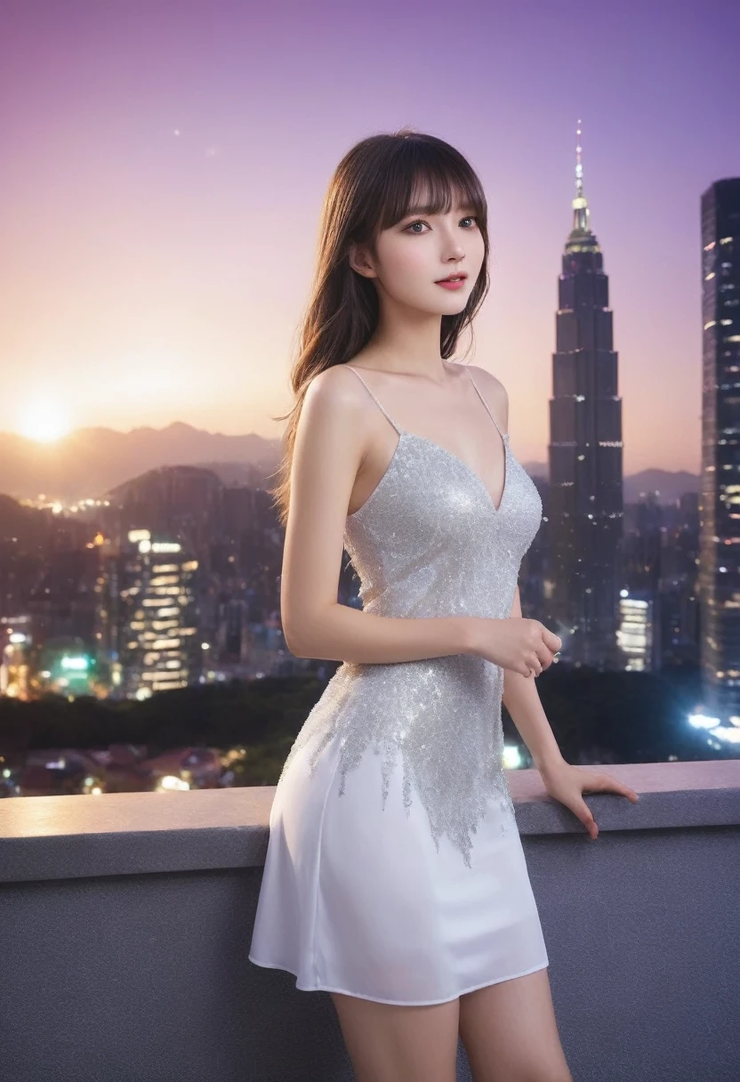 (Highest quality, 8K quality, masterpiece:1.3), (Ultra-high resolution, Photorealistic:1.4, RAW Photos), (Very detailed, Caustics, Detailed Background), (Ultra-Realistic Capture, Beautiful and detailed skin, Perfect Anatomy)、Portrait、City night view、Bright and very beautiful face、Younger, brighter, whiter skin、Best Looks、The most beautiful light blonde hair in the world、Thin Hair、Super long, silky straight hair、Shiny beautiful bangs、Shining, clear, big blue eyes、A very beautiful and adorable 、The most beautiful girls in the world、Black cocktail dress。彼女はCity night viewを背景に立ち、The glittering lights of the buildings accentuate her figure.。Black cocktail dressが彼女のエレガンスを際立たせています。
