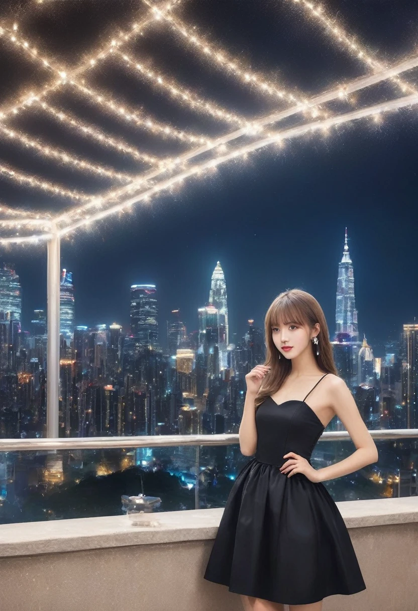 (Highest quality, 8K quality, masterpiece:1.3), (Ultra-high resolution, Photorealistic:1.4, RAW Photos), (Very detailed, Caustics, Detailed Background), (Ultra-Realistic Capture, Beautiful and detailed skin, Perfect Anatomy)、Portrait、City night view、Bright and very beautiful face、Younger, brighter, whiter skin、Best Looks、The most beautiful light blonde hair in the world、Thin Hair、Super long, silky straight hair、Shiny beautiful bangs、Shining, clear, big blue eyes、A very beautiful and adorable 、The most beautiful girls in the world、Black cocktail dress。彼女はCity night viewを背景に立ち、The glittering lights of the buildings accentuate her figure.。Black cocktail dressが彼女のエレガンスを際立たせています。