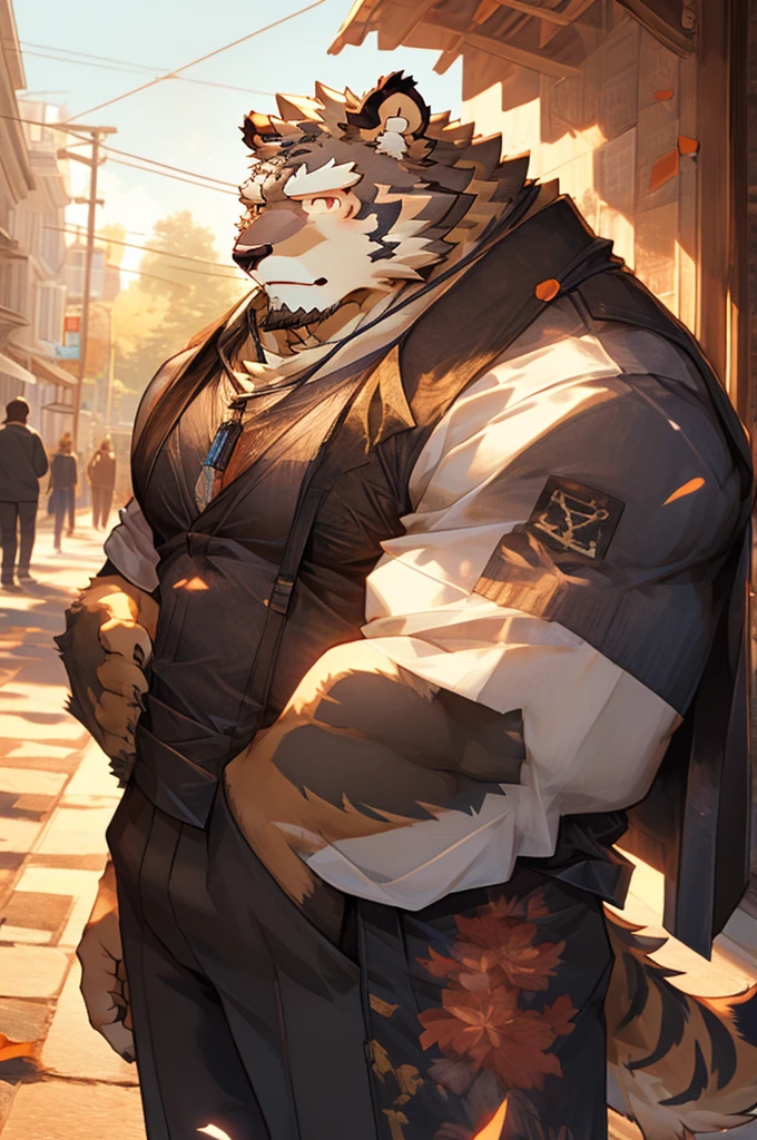 (masterpiece,best quality,Super detailed,Perfect anatomical structure),Detailed background,Empty,hairy,cannon, ,Clear focus,白色tiger,By Empty Ghost, rest 阳光,External,campus, Solitary,Solitary ,male,male ,human nature,Cat,tiger,muscular,rest (White fur:1.5,White body:1.5),looking at the audience,Delicateeyes, Dressed,Casual clothing is acceptable when the weather is nice,Golden pupils