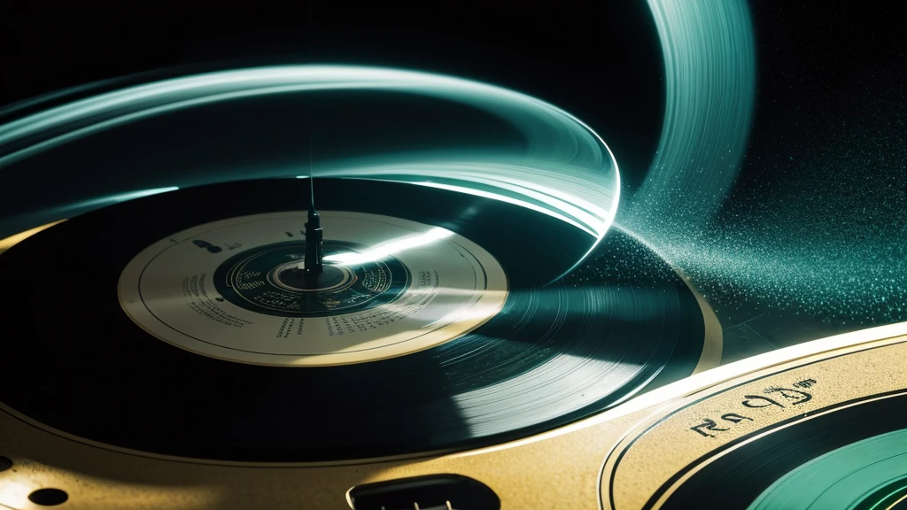 Poster Style，Green frosted background，Vinyl record combined with clock，The record is in the center of the screen.，Wide angle view of the front of the record，Clock hands in the center of the record，Reflecting the sense of time travel，Golden text effect for English title on the right，There is a halo of light around the record similar to a black hole，Extremely high definition picture quality，quality，Real texture，Sci-fi style，No sense of space