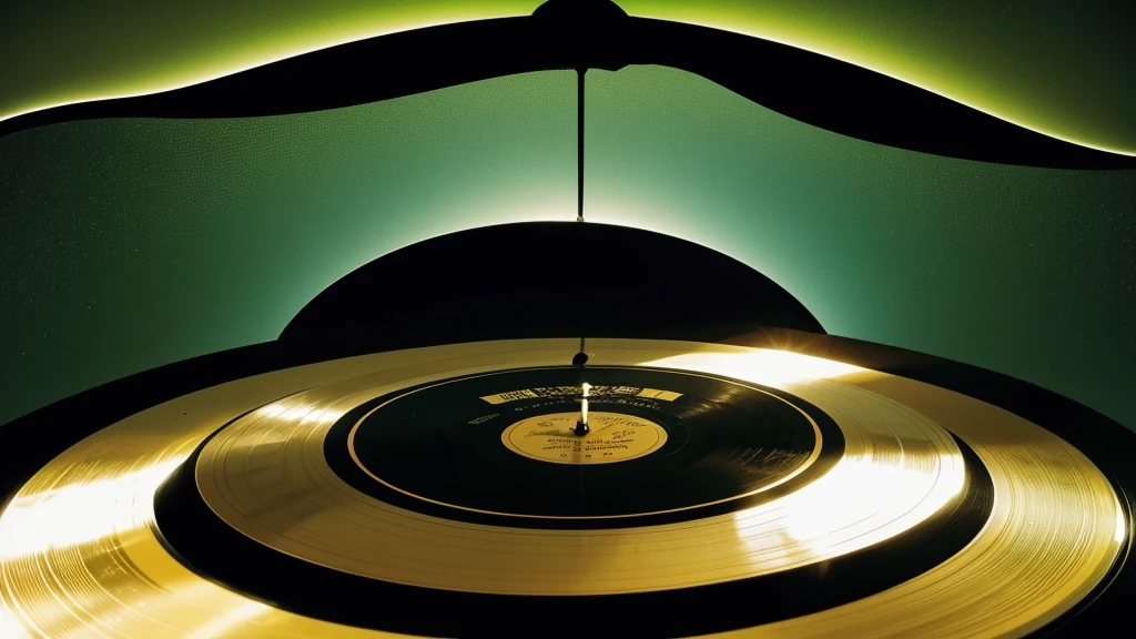 Poster Style,Green frosted background,Vinyl record combined with clock,The record is in the center of the screen.,Wide angle view of the front of the record,Clock hands in the center of the record,Reflecting the sense of time travel,Golden text effect for English title on the right,There is a halo of light around the record similar to a black hole,Extremely high definition picture quality,quality,Real texture,Sci-fi style,No sense of space