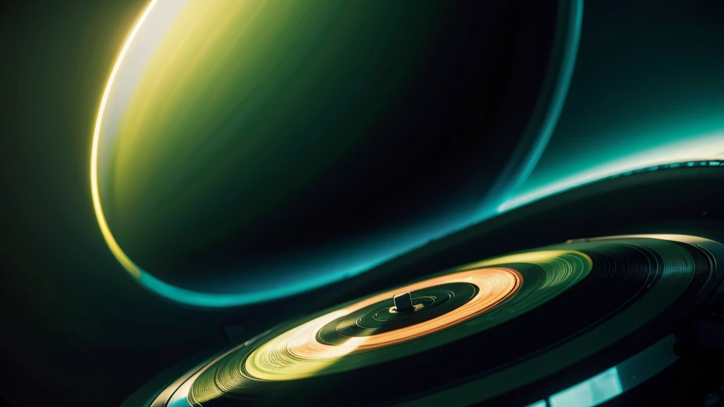 Poster Style,Green frosted background,Vinyl record combined with clock,The record is in the center of the screen.,Wide angle view of the front of the record,Clock hands in the center of the record,Reflecting the sense of time travel,Golden text effect for English title on the right,There is a halo of light around the record similar to a black hole,Extremely high definition picture quality,quality,Real texture,Sci-fi style,No sense of space