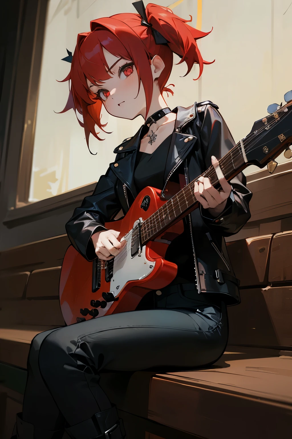 Harley quiin --playing electric guitar on rock concert stage, rocker dressed in black denim jacket, black leather pants, with long red hair with pink streak.