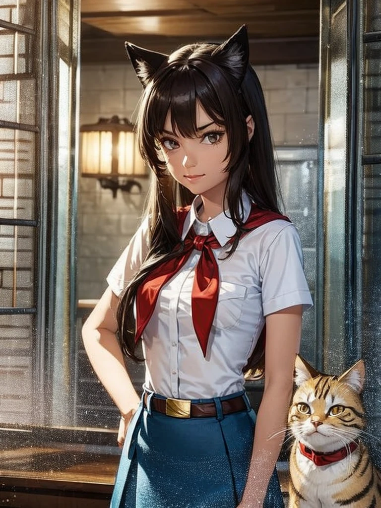 very young slim fit girl, full height, rounded face, very long disheveled dark brown hair, big brown eyes, shy smile, perfect flat breast, band on head with fake cat ears, sashagrey, pioneer neckerchief, short tight blue pleated skirt, bangs, tight white shirt, short sleeves, collared shirt, belt, red neckerchief, breast pocket