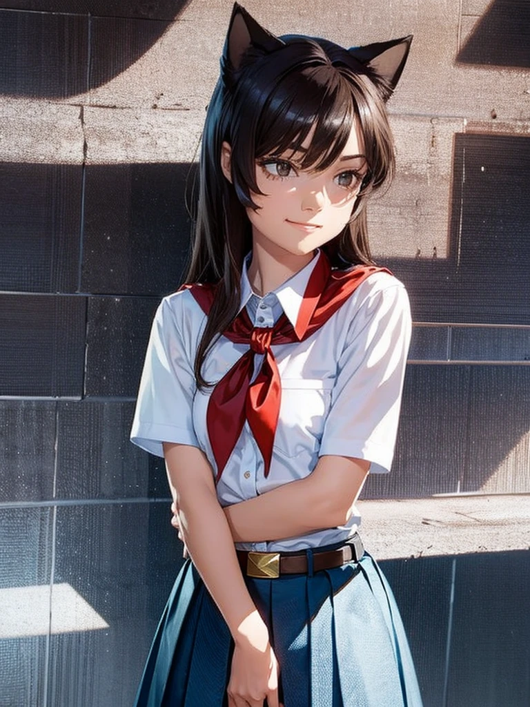 very young slim fit girl, full height, rounded face, very long disheveled dark brown hair, big brown eyes, shy smile, perfect flat breast, band on head with fake cat ears, sashagrey, pioneer neckerchief, short tight blue pleated skirt, bangs, tight white shirt, short sleeves, collared shirt, belt, red neckerchief, breast pocket