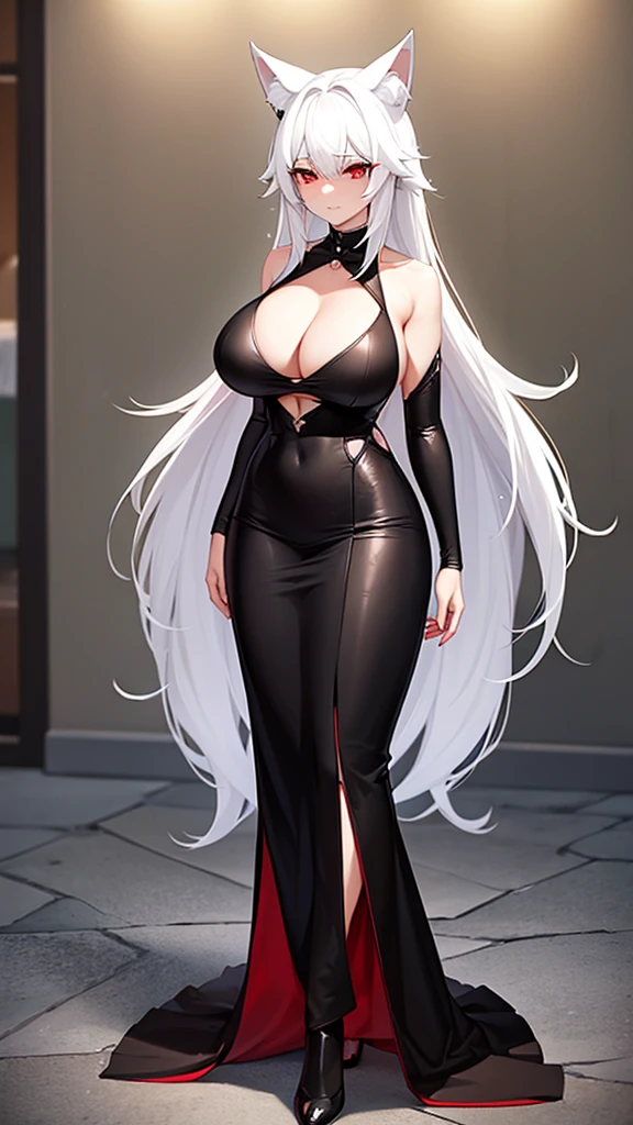 An adult woman, half fox and wolf, white hair, red eyes, wide breasts, very shy, standing, in a black dress