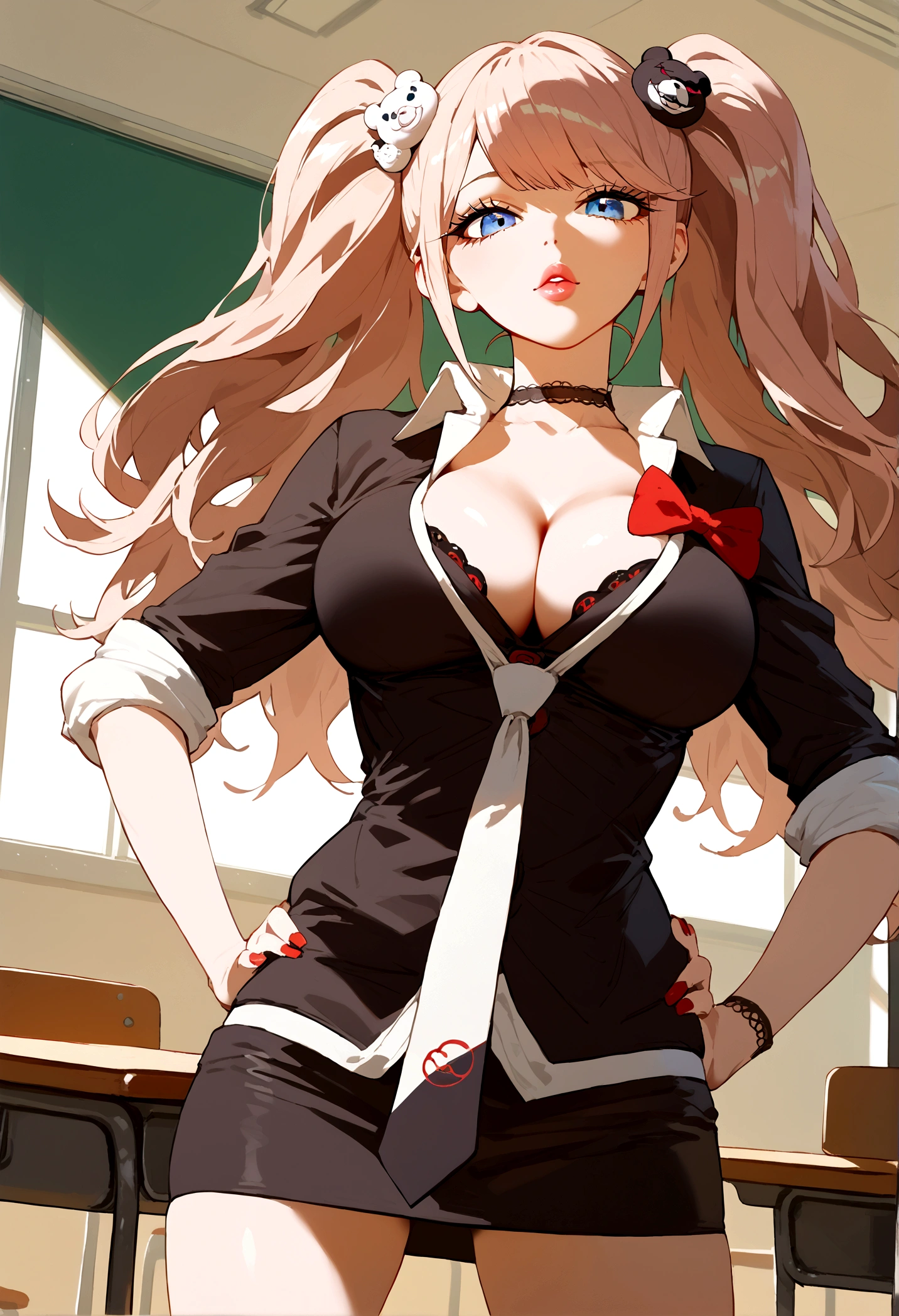 score_9, score_8_up, score_7_up, BREAK, 1girl, solo, big breasts, breasts, lips, enoshima junko, twintails, bear hair ornament, , black shirt, white necktie, red bow, sleeves rolled up, skirt, choker, cleavage, indoors, classroom, hands on own hips,