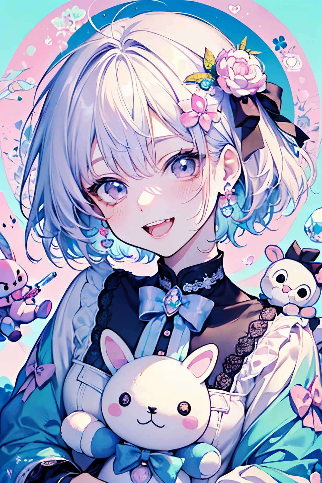 chibi character,Rabbit motif,(brush),((cute,kawaii,wonderland)),((pastel color)),((Cute assortment)),(A big smile with an open mouth),((Cute stuffed toys and dolls:1.3)),Short hair,(pastel crystal),((Men's、Shota、juvenile:1.2)),(ribbon🎀:1.25).