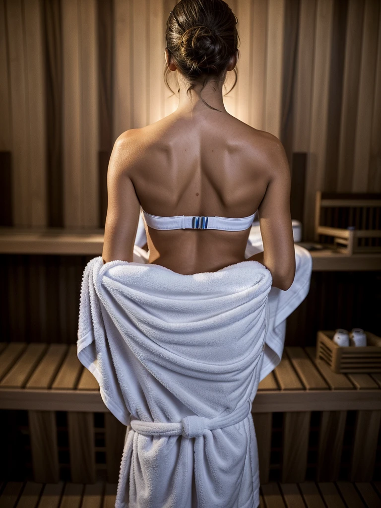 beautiful girl, Erotic, after souls, Towel, you can see a slender back and a firm ass, red wet hair, wet skin, Finnish sauna around