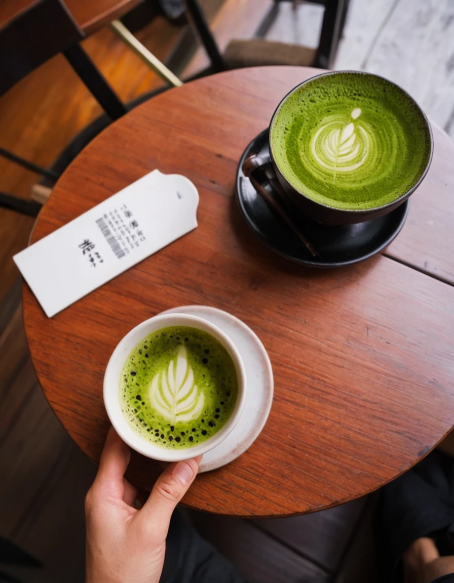 photography POV of a table in a tokyo café with a cup of matcha coffee