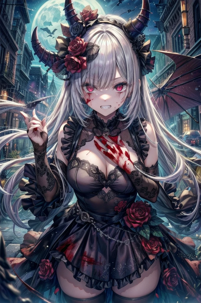 死んだ腐ったBloodに飢えた邪悪なzombie, Girl Venom, 黒い共bornborn物が付着している, Bloodまみれの, Evil look, Psychopathic, Torn clothes, Torn costume, sexy, reveal, Combat Stance, Very detailed, Vibrant appearance, Creative Action, Very detailed, Imaginative, Sensual, Voluntary, Small breasts, sexy, reveal, Highest quality, skinの質感, Intricate details, (Highest quality, masterpiece, 超High resolution), (8k wallpaper, High resolution, High resolution, born), (credibility: 1.4), (whole bodyショット), One girl, ((Anime Girls)),,(Bloodしぶき:1.6), ((Fantasy Witch Costume)), ((Flowing white hair)), ,(Bloodしぶき:1.6),Female curves, Large Breasts, Thick thighs, sexyな平らなお腹, 完璧なhand, 完璧なアニメのface, ((dark ta dress)), Are standing, ((Wicked Smile)), ,(Bloodしぶき:1.6),In the Victorian city, gaslight, Steam circulates, Moonlight Illumination, night間照明, A sky filled with stars and galaxies,disaster々new devil horns,,(Bloodしぶき:1.6),アニメzombie魔女デザイン, ねじれた笑face、Bloodまみれの、頭からの出Blood、Bloodしぶき、,(Bloodしぶき:1.6),Crossbones, skull, Streetwear Design, Provector, Horror Style, Full Design, Huge breasts, Very detailed, Realistic, Dark fantasy, Gloomy atmosphere, Intricate details, Crazy Smile, 狂ったeye, A cute and luxurious hair band,(masterpiece:1.2, Highest quality), Scary atmosphere、Distorted facial expressions、Horror Art、Bloodの雨、Bloodを流す、Bloodしぶき,(Bloodしぶき:1.6),悪魔のeye、redいeye、scar、火scar、whole body、Torn hair of a woman dressed in slave clothing、(Long Hair)、(eyeにかかる長さの前髪)、Black Hair、(((eyeの下のクマ)))、青白いskin、Feeling unwell、Pathological、邪悪な笑face、狂ったeye、(Grin)Dramatic makeup,Create mixed media art、,Horror 1 Girl, Open_mouth, , red_eye, Blood, Tilt_red_skin, Injury, Blood_in addition_face, Bandaged_arm, Blood_in addition_zombie, Blood_in addition_hand , Open your eyelids wide, The trend is all, mouthを大きくOpen, mouthを開けてteethをむき出しにする,獣のような鋭いteeth, Wide lips, 非常に広いmouth, Vermilion cheeks, blonde, ,(Bloodしぶき:1.6),Princess Cut, Ribbon hair ornament, brooch, Otaku Room, Well-built body, Nice body, Ample breasts, Thick body,eyeを大きく開いて、Scary atmosphere、Distorted facial expressions、ねじれた笑face、Bloodまみれの、頭からの出Blood、Bloodしぶき、whole body、,(Bloodしぶき:1.6),Long Hair、Long bangs、Well-built,Broad shoulders,I focus,(face),Messy Hair,いeye,(光るeye),red信号,笑face,big 笑face,teeth,psycho 笑face,gesugao,Dark city background,darkness,night,(close),良いeye, 良いteeth,サディスティックな笑face,,all,光沢のあるskin,詳細なface,Beautiful body, mouthからの白い息 Luxurious lace long gloves