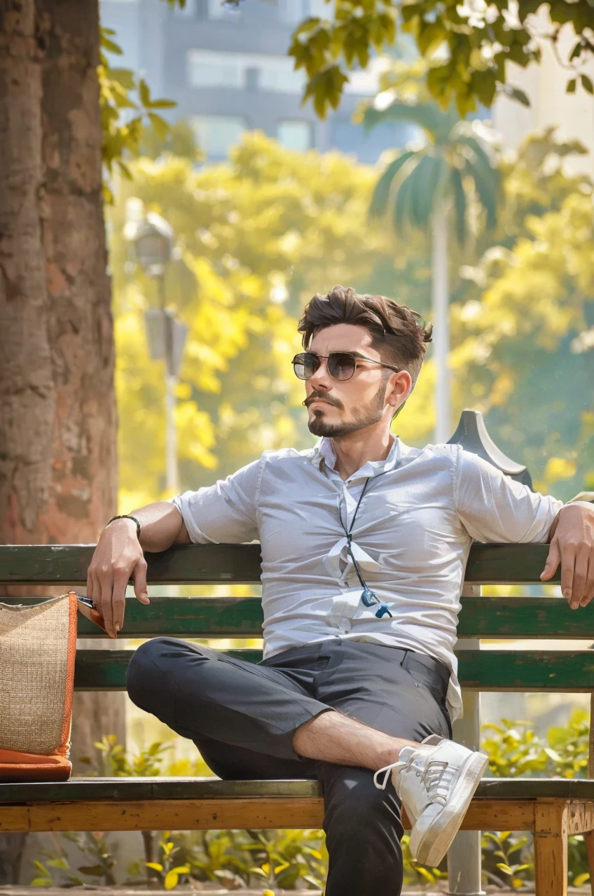 Homme aux cheveux mi-longs attachés avec une barbe de taille moyenne portant des lunettes et une blouse blanche assis à une table fumant une pipe