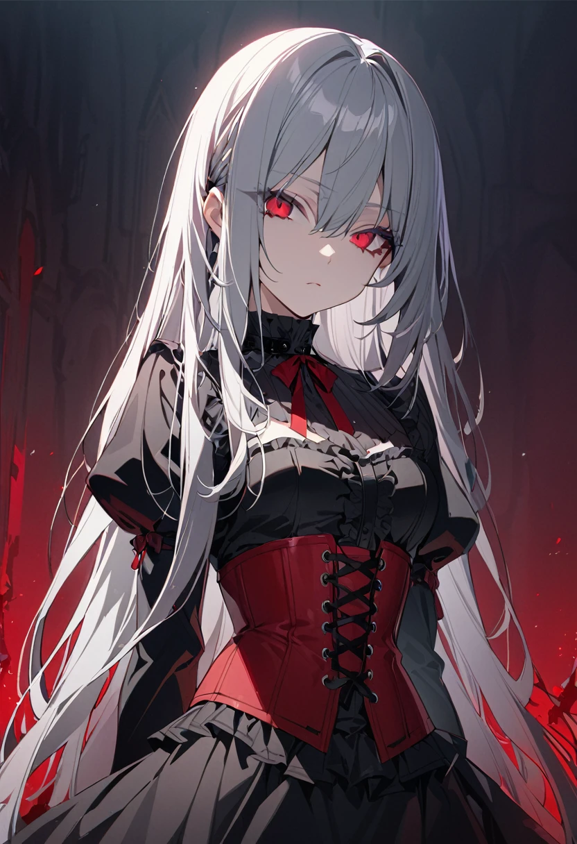 One girl, masterpiece, best quality, beautiful woman, expressionless, black extensions, silver hair, long hair, red eyes, gothic lolita, corset, red blood, anime