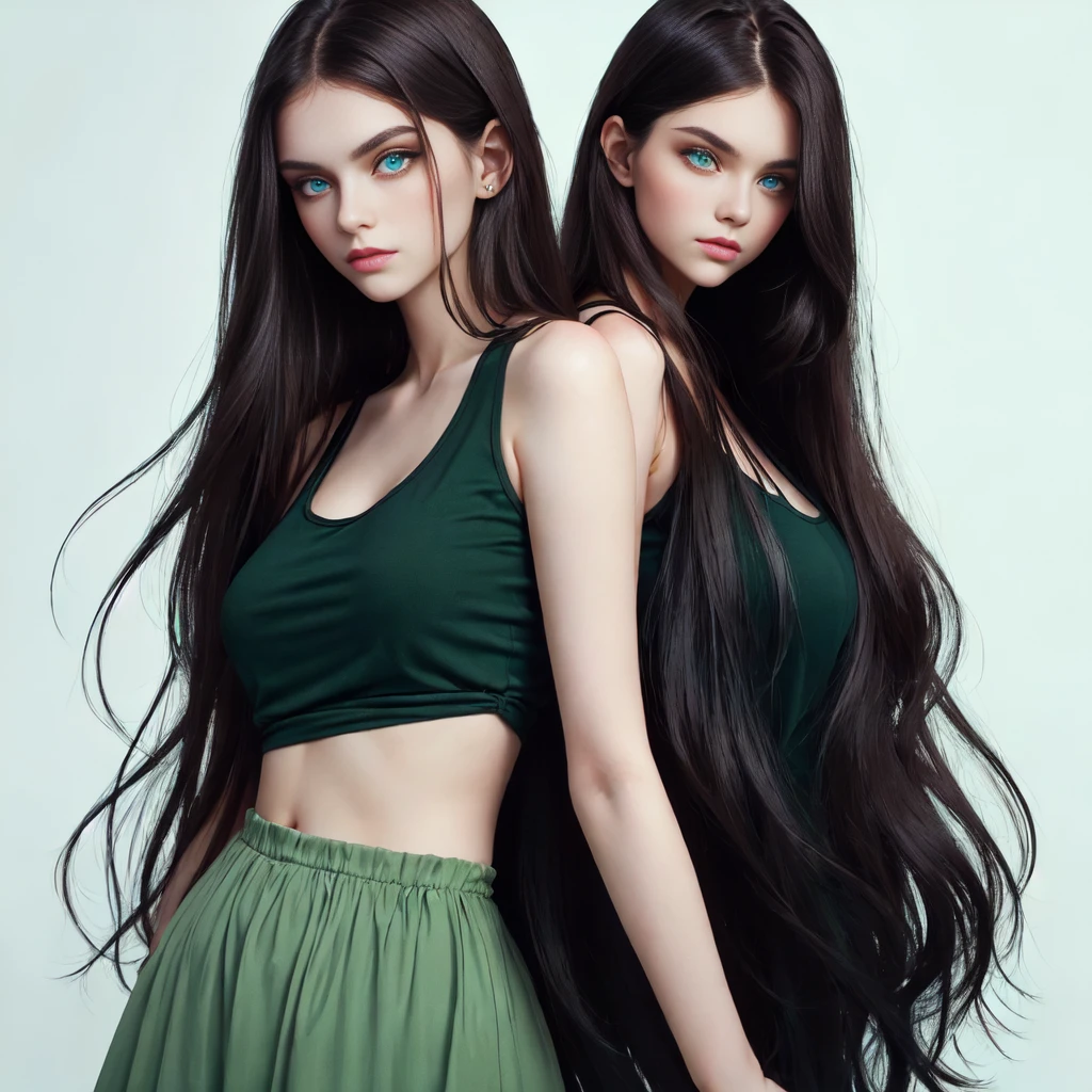 Woman with long hair and a dark green tank top posing for a picture with plain black background,🤤 girl portrait, inspired by Louisa Matthíasdóttir, dark brown hair and large green and blue eyes, Anastasia Ovchinnikova, large eyes and flowing long hair, Anna Nikonova aka newmilky