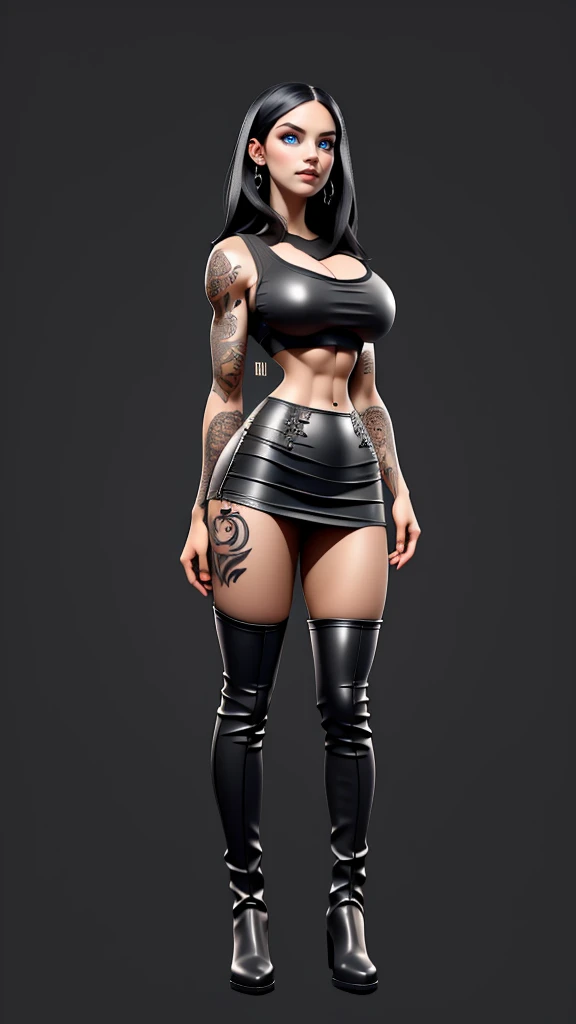 beautiful girl, ((standing:1.4)), (intense gaze:1.1), full body, short bright neon streaked black hair, ((realistic highly detailed eyes:1.4)), ((seductive pose:1.2)), fit, Athletic, lean, slender abs, ((((large breasts)))), black eyeshadow, (street style wear:1.2), ((short skirt)), ((knee high leather boots)),((light plain background:1.4)), dark makeup, digital art, trending on artstation, highly detailed, fine detail, intricate, detailed facial features, sharp focus, smooth, aesthetic, tattoos