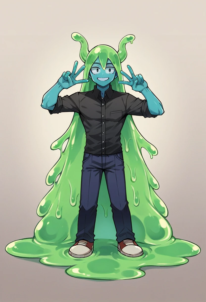 score_9, score_8_up, score_7_up, score_6_up, score_5_up, score_4_up, source_anime, 1Boy, slime Boy, Blue skin, Punk style, Long hair with green tips, tentacles, slime tentacles, slime boy, solo, slimegirlsfw, slime boy, Lolita fashion, Lolita boy fashion, slimeboy, my hero academia, tentacles, school, depth of field, LUT, detailed, handsome, cute slime boy. My hero academia school, Tentacle tail, Full body shot, Peace sign pose. 