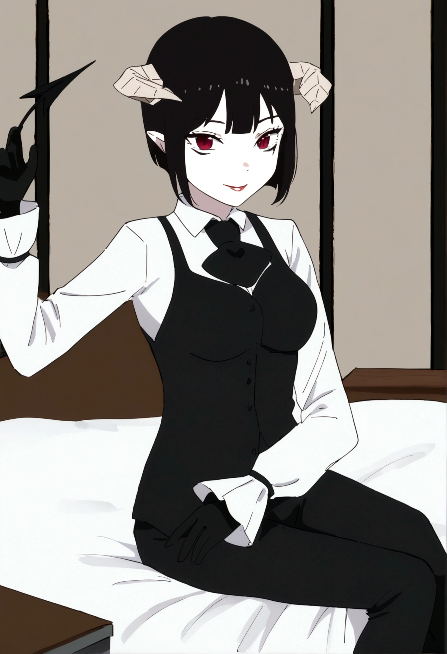 work of art, best qualityer, high resolution, 1girl horns short hair demon tail, white shirt black ascot black gloves black pants black vest , sheet, mao nos lips,beautiful smile,shining eyes,desk,low lighting
