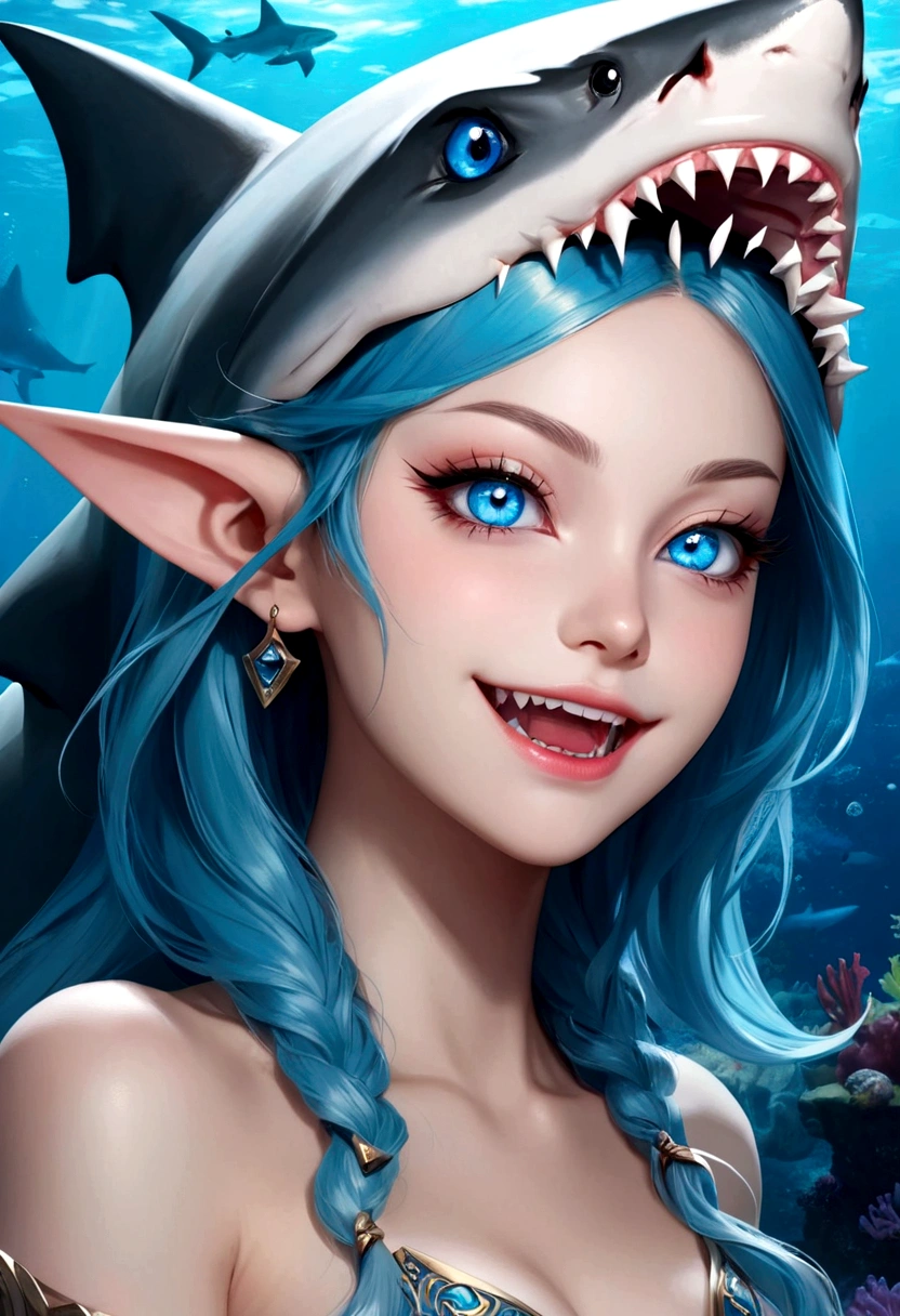 Fantasy Undersea,Shark Elf Girl,blue eyes,Sharp fangs,Shark fin feature on back,look back