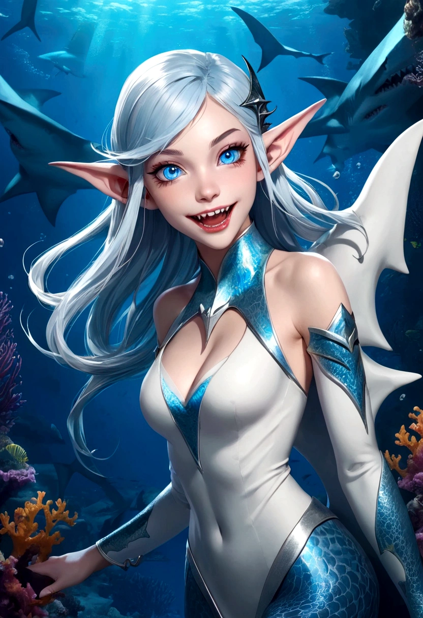 Fantasy Undersea,Shark Elf Girl,blue eyes,Sharp fangs,Shark fin feature on back,look back