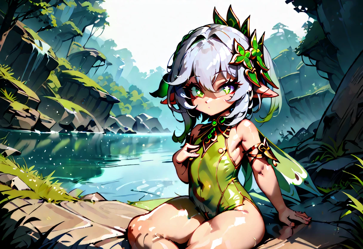 1girl, nahida \(genshin impact\), genshin impact\\\\\ masterpiece, best quality, very aesthetic, absurdres, newest \\\\\\ slim body,///// ,by nyantcha,cutesexyrobutts , by khyle,,////// beautiful face, sexy, , greenery,, jungle,birds etc, looking at viewer, lime one-piece swimsuit,grass,lake