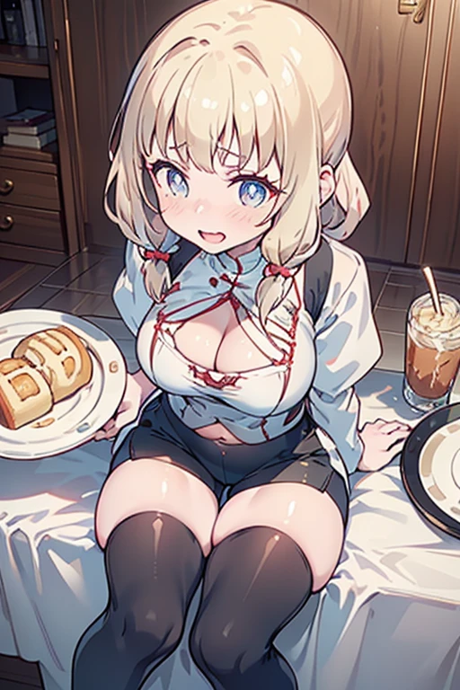 (dynamic angle:1.3, front view:1.1, breast focus:1.3, from above:1.1), (dynamic posing:1.2, sexy posing:1.2), (seductive smiling:1.3), ((holding Pasta on a plate,Taking the pasta out of the pan, worried about the outcome:1.2)),highest quality、(real、photorealistic:1.4),(ultra high resolution, 8K RAW photo, clear focus), best qualtiy, natural lighting, field depth, (Bright pupils, detailed beautiful eyes, high detailed face), Red lip, (tight focus:1.2), a girl 22yo old, Wearing a pastry chef uniform:1.3 , Thicc, thin breast, long hair, blue eyes,garter stocking, cleavage:1.2, midriff, black shorts, black thighhighs, thigh strap, pretty girl, (highly detailed beautiful face and eyes,firm breasts),real skin,((black,hair,long pony tail hair)),thin pubic hair,cute,lovely, detailed eyes,(double breasted:1.0,under bust:1.0),(with sparkling eyes and a contagious smile),open mouth, Looking at Viewer,A scene of make cooking Cakes in the kitchen

